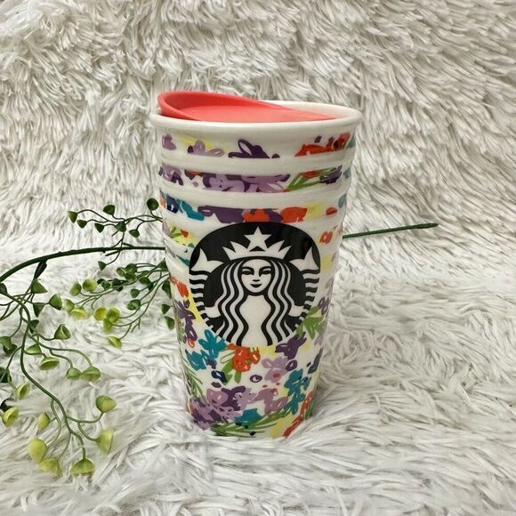 Starbucks 2016 Spring Pink Floral Band Ceramic Traveler Tumbler Coffee Cup 10 oz - Picture 1 of 6